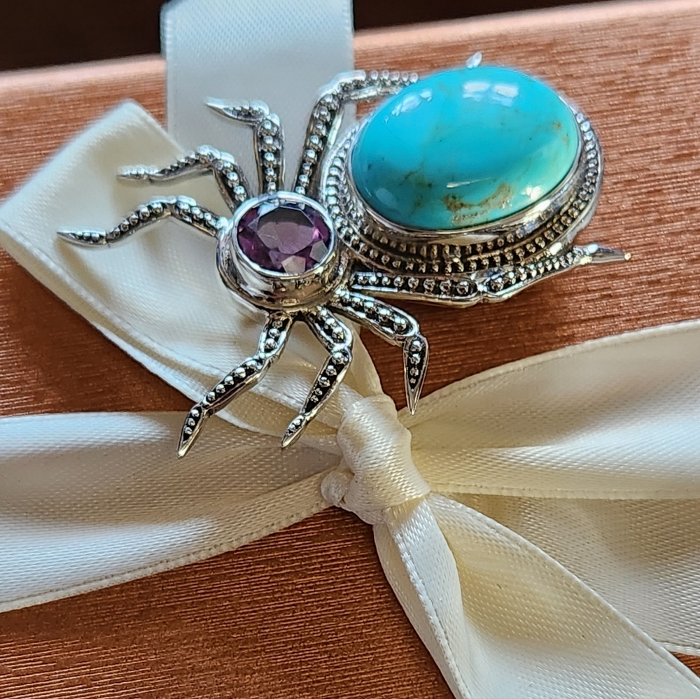 NICKY BUTLER 925 Sterling Silver Turquoise Amethyst Spider Brooch Pendant NB π· - Picture 4 of 13